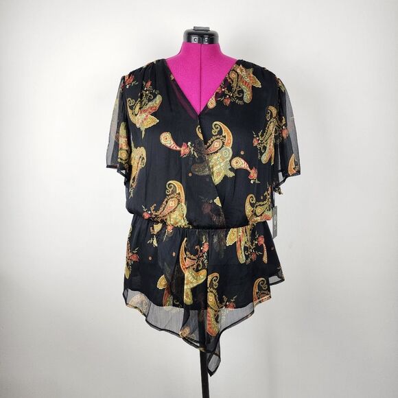 Vince Camuto Asymmetric Blouse Top Paisley Cinch Waist Lined Rich Black Size 2X - Picture 16 of 16